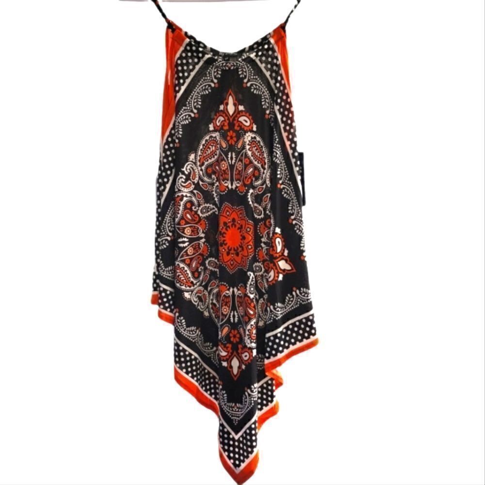 Hankerchief Halter Blouse in orange/black/white and polka dot trim